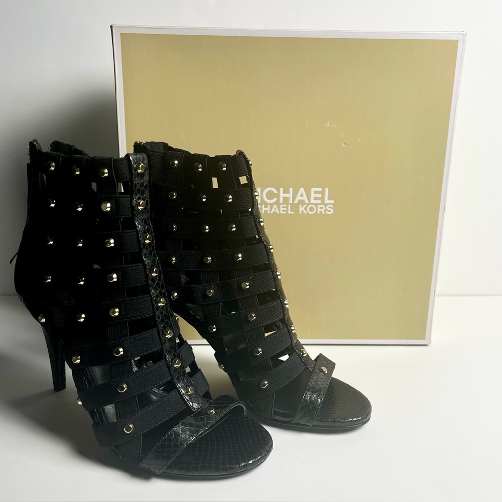 Michael Kors Sherry Embossed Leather Black and Gold Studded Caged Heels Snake
